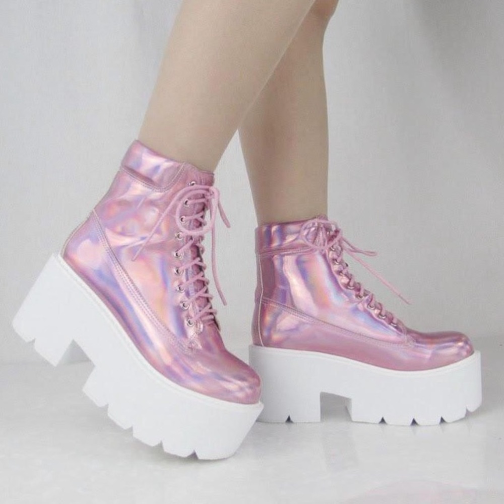 Kokopie Pink Alien Hologram Platform boots, rave, pastel goth, edm, festival